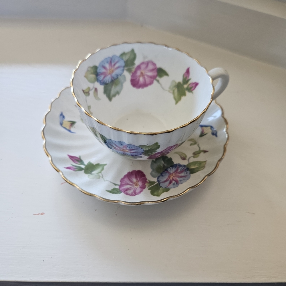 Floral Teacup and Saucer Set with Gold Trim